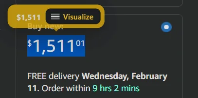 A $1,511.01 price on an Amazon product page, selected, with the Visualize button beside it.