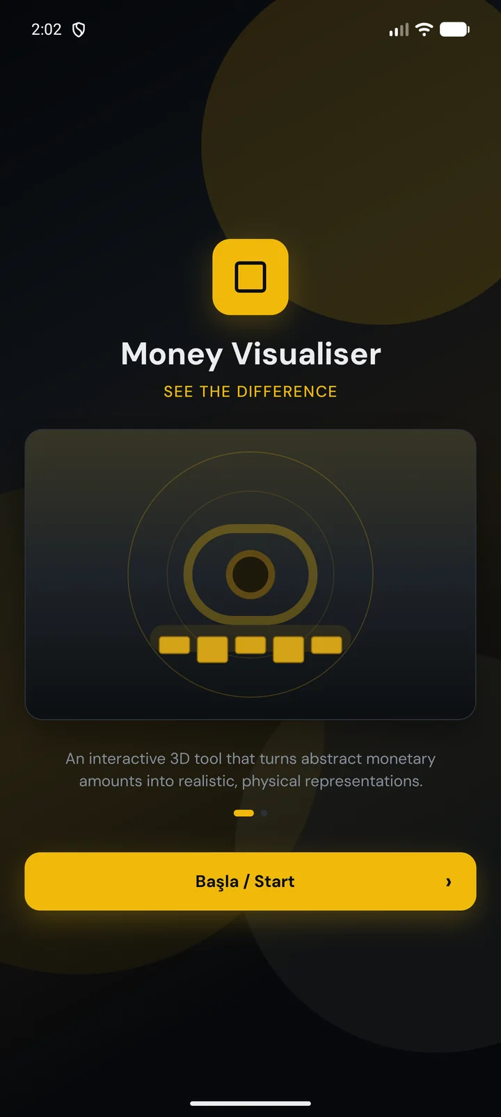 The opening screen: Money Visualiser, See the Difference, with a Begin button