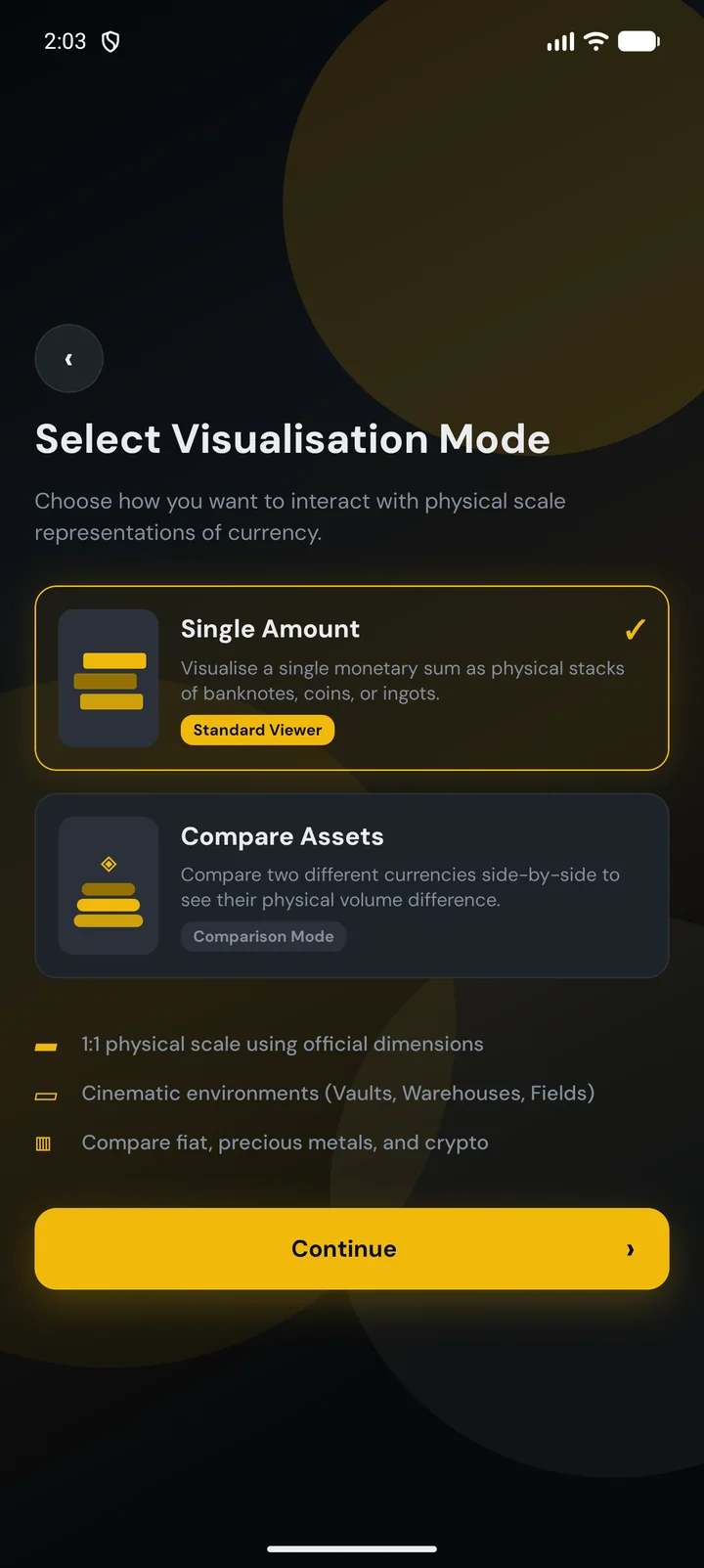 Choosing a visualisation mode: Single Amount or Compare Assets