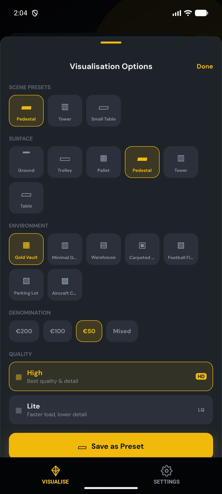 Visualisation options: scene presets, environment, display surface and quality