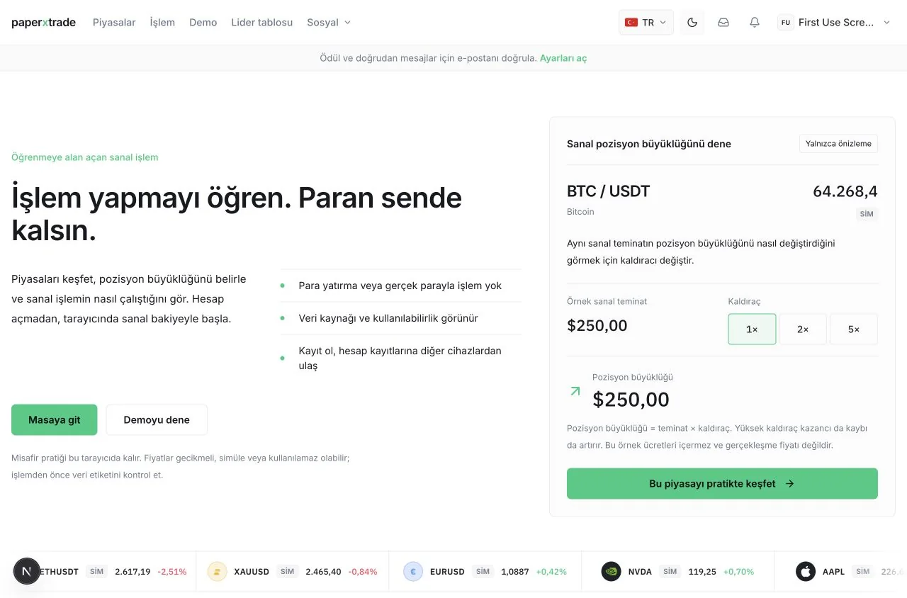 The Turkish PaperXTrade home page in light mode, with a position-size preview written as $250,00.
