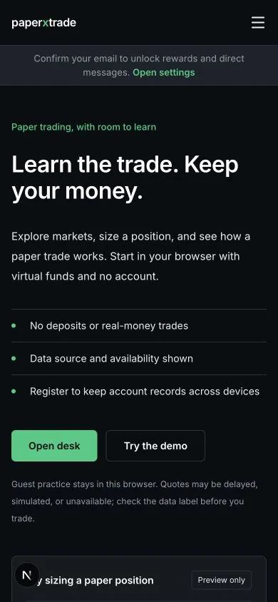 The PaperXTrade home page on a phone: Learn the trade. Keep your money.
