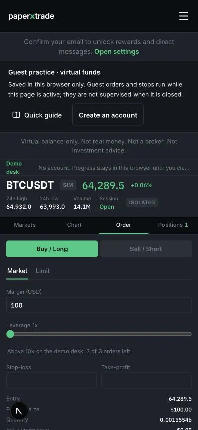 The order panel, with Buy/Long and Sell/Short and a leverage slider