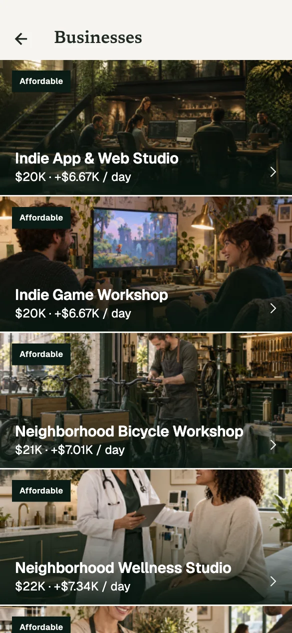 The businesses list, from an indie app studio to a neighbourhood bicycle workshop, each with its price and daily income