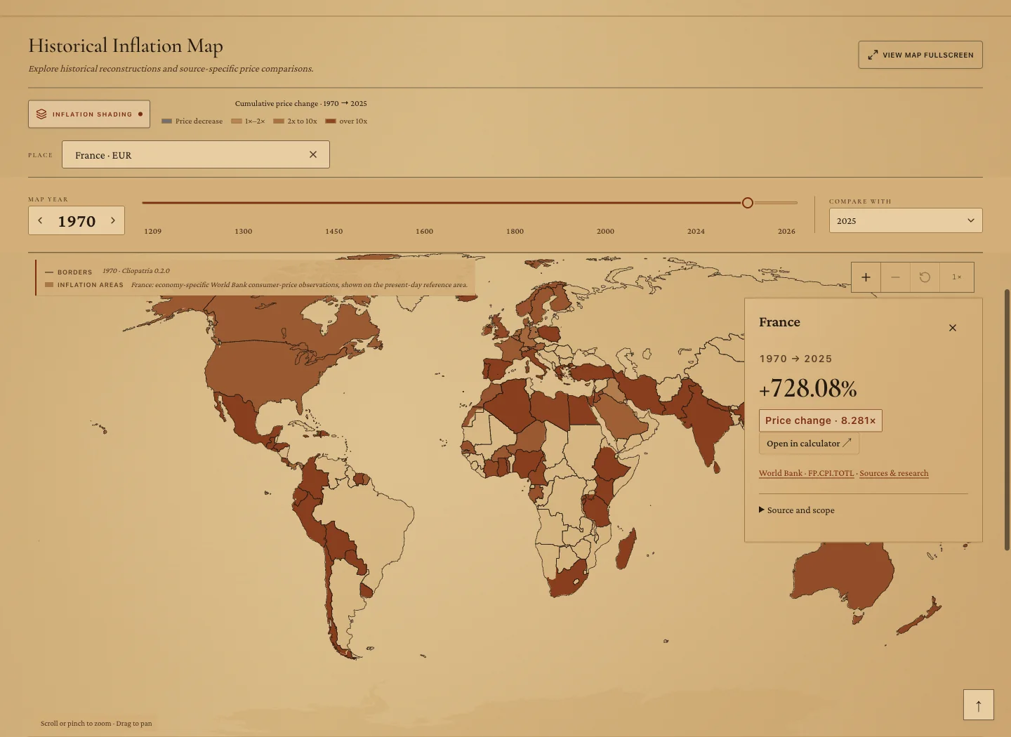 The Historical Inflation Map set to 1970. France is selected, showing a 728.08% price change from 1970 to 2025, and countries with data are shaded.