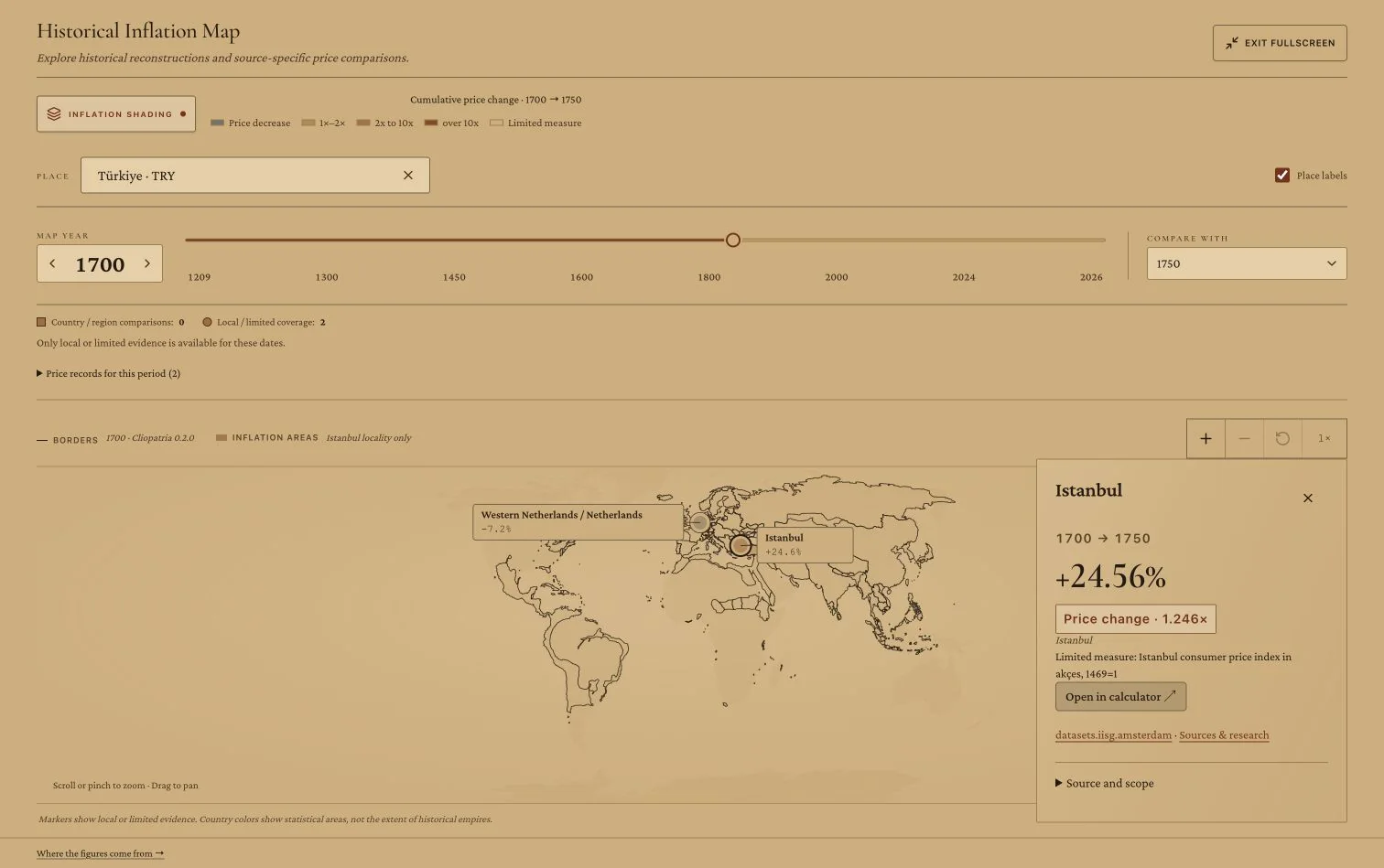 The historical map with Istanbul’s released price series selected, showing its change between two years in the side panel.